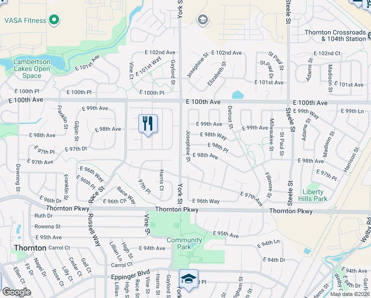 map of restaurants, bars, coffee shops, grocery stores, and more near 9800 Josephine Street in Denver