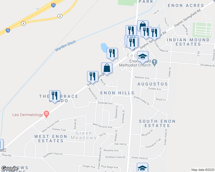 map of restaurants, bars, coffee shops, grocery stores, and more near 6652 Rita Drive in Enon