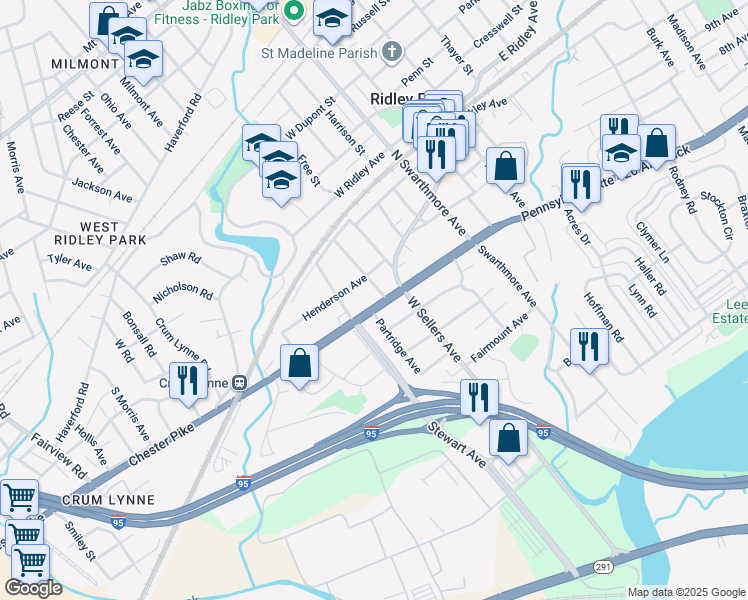 map of restaurants, bars, coffee shops, grocery stores, and more near 111 West Chester Pike in Ridley Park