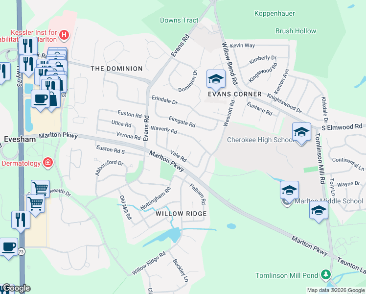 map of restaurants, bars, coffee shops, grocery stores, and more near 5 Brower Court in Evesham
