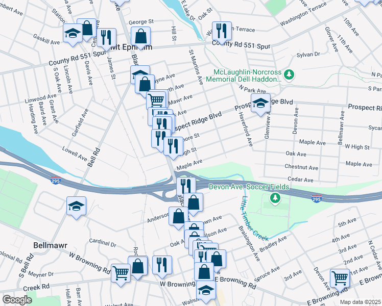 map of restaurants, bars, coffee shops, grocery stores, and more near 2004 West High Street in Haddon Heights