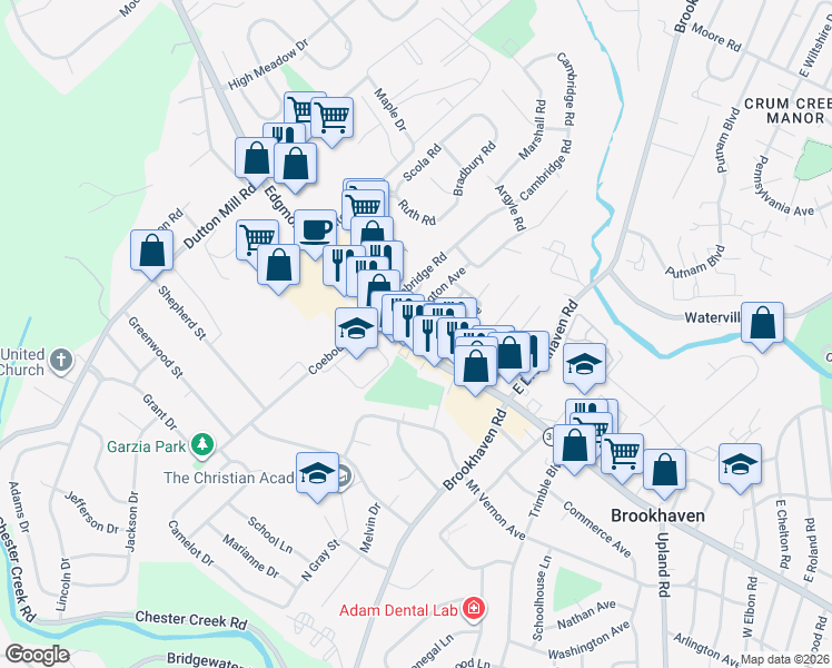 map of restaurants, bars, coffee shops, grocery stores, and more near 4501 Edgmont Avenue in Brookhaven
