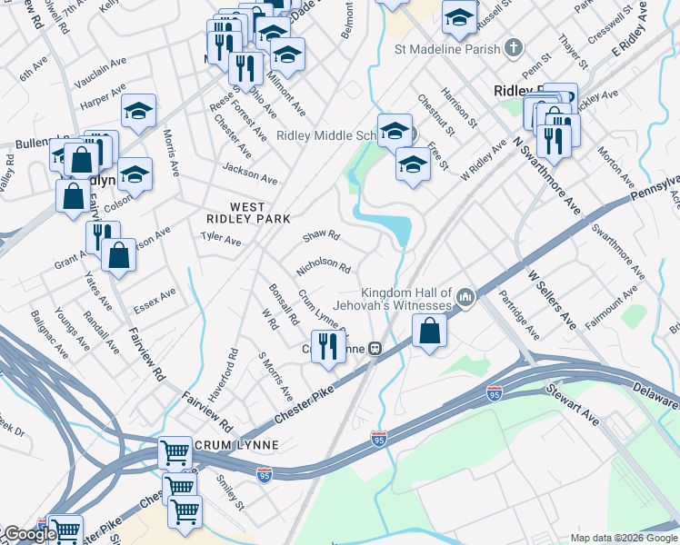 map of restaurants, bars, coffee shops, grocery stores, and more near 312 Nicholson Road in Ridley Park