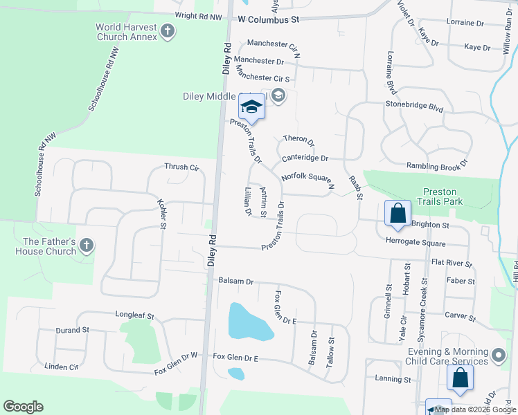 map of restaurants, bars, coffee shops, grocery stores, and more near 260 Antrim Street in Pickerington