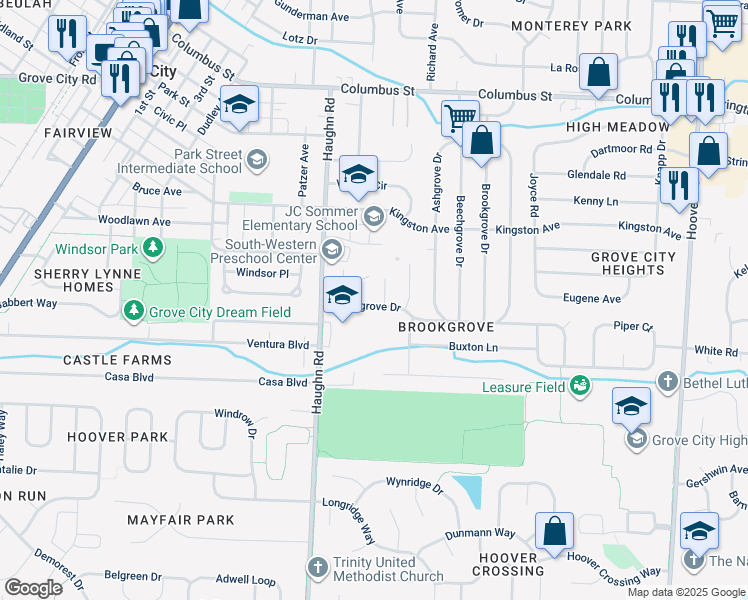 map of restaurants, bars, coffee shops, grocery stores, and more near 3002 Woodgrove Drive in Grove City