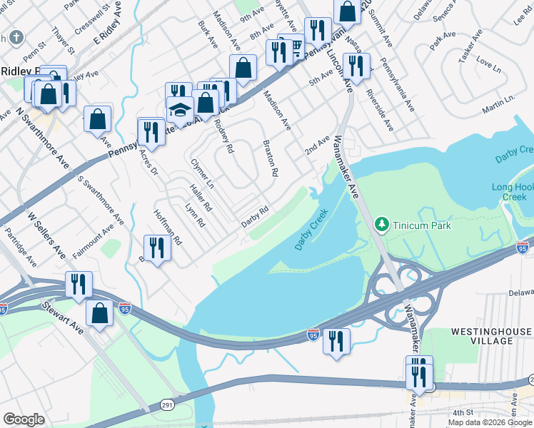 map of restaurants, bars, coffee shops, grocery stores, and more near 637 Darby Road in Ridley Park