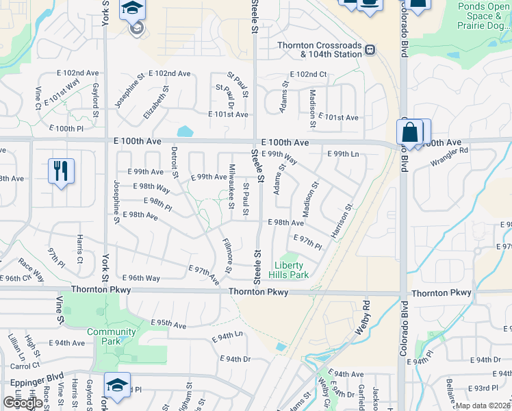map of restaurants, bars, coffee shops, grocery stores, and more near 9820 Steele Street in Thornton