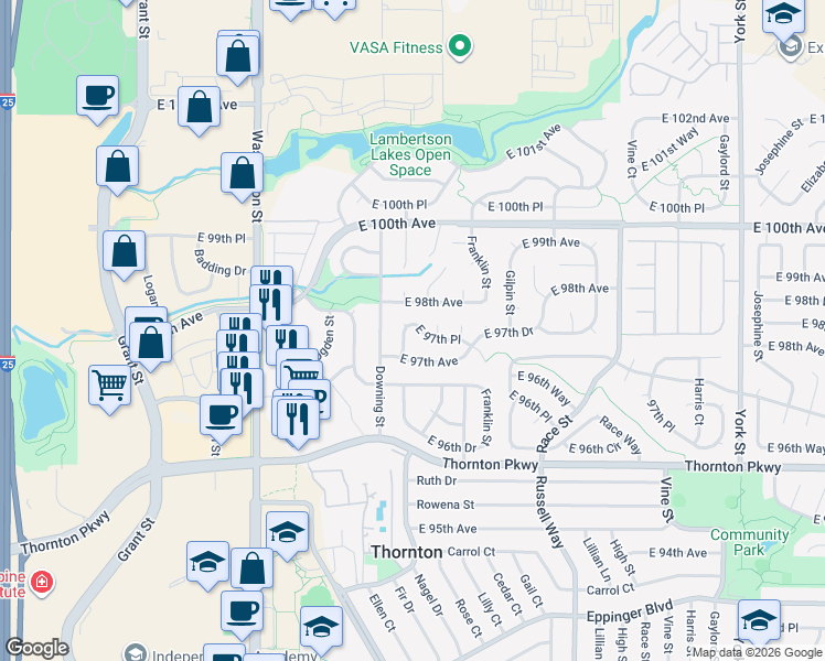 map of restaurants, bars, coffee shops, grocery stores, and more near 1278 East 97th Place in Thornton