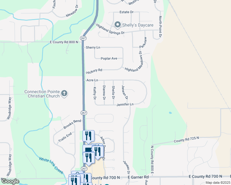 map of restaurants, bars, coffee shops, grocery stores, and more near 7623 Sheila Drive in Brownsburg