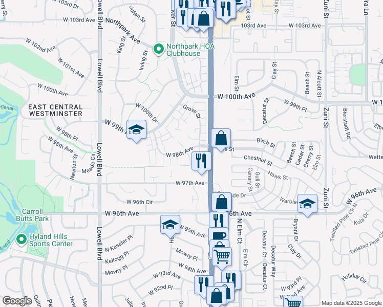 map of restaurants, bars, coffee shops, grocery stores, and more near 9786 Hooker Court in Westminster