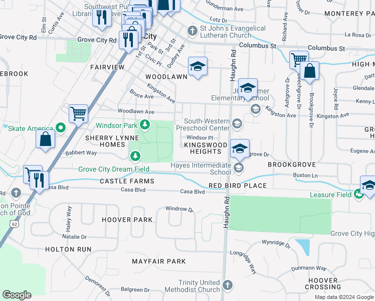 map of restaurants, bars, coffee shops, grocery stores, and more near 3221 Kingswood Drive in Grove City