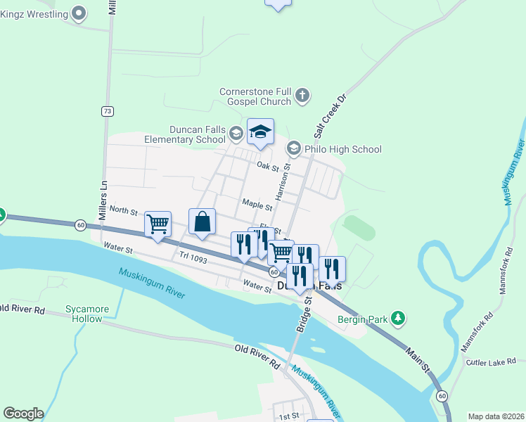 map of restaurants, bars, coffee shops, grocery stores, and more near 280 Maple Street in Duncan Falls
