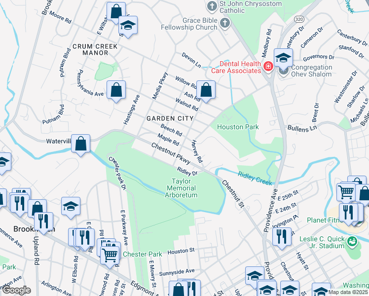 map of restaurants, bars, coffee shops, grocery stores, and more near 109 Blakeley Road in Delaware County