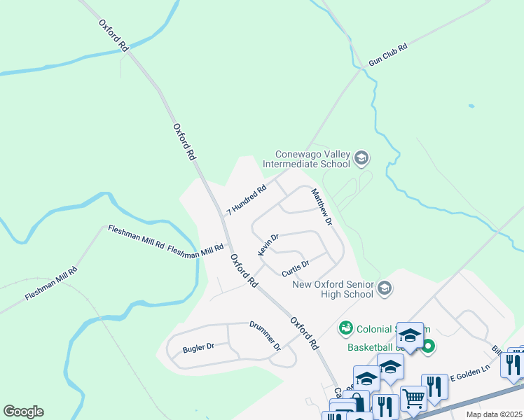 map of restaurants, bars, coffee shops, grocery stores, and more near 70 Matthew Drive in New Oxford
