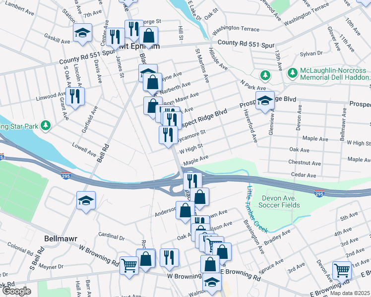 map of restaurants, bars, coffee shops, grocery stores, and more near 2029 West High Street in Haddon Heights