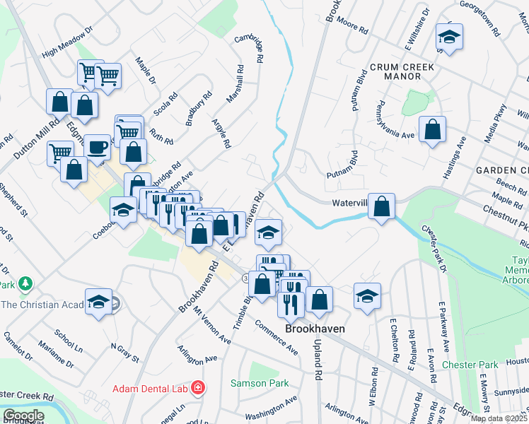 map of restaurants, bars, coffee shops, grocery stores, and more near 124 Creekside Drive in Brookhaven