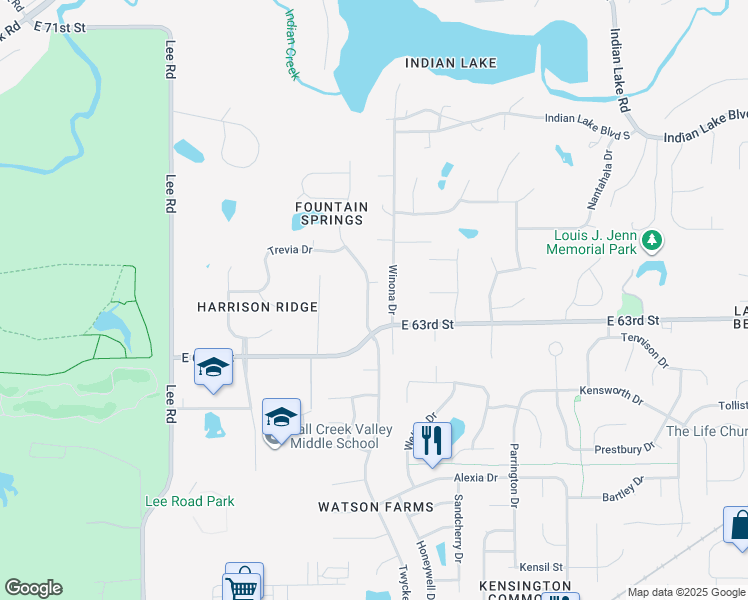 map of restaurants, bars, coffee shops, grocery stores, and more near 10050 East 63rd Street in Indianapolis