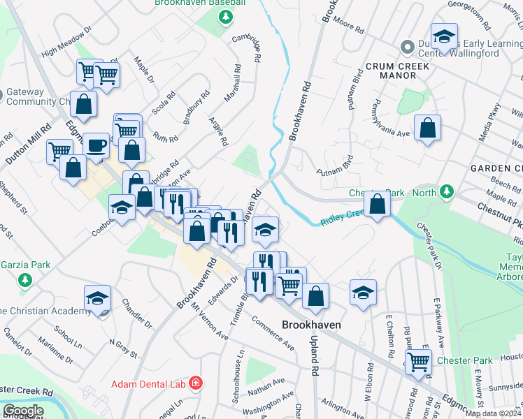 map of restaurants, bars, coffee shops, grocery stores, and more near 232 Creekside Drive in Brookhaven