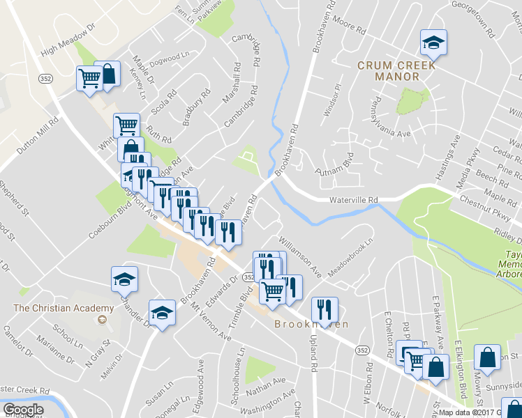 map of restaurants, bars, coffee shops, grocery stores, and more near 121 Creekside Drive in Brookhaven