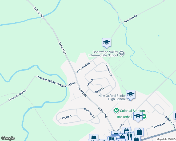 map of restaurants, bars, coffee shops, grocery stores, and more near 70 Matthew Drive in New Oxford