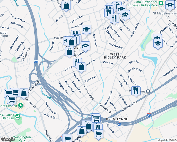 map of restaurants, bars, coffee shops, grocery stores, and more near 1219 Lukens Avenue in Woodlyn