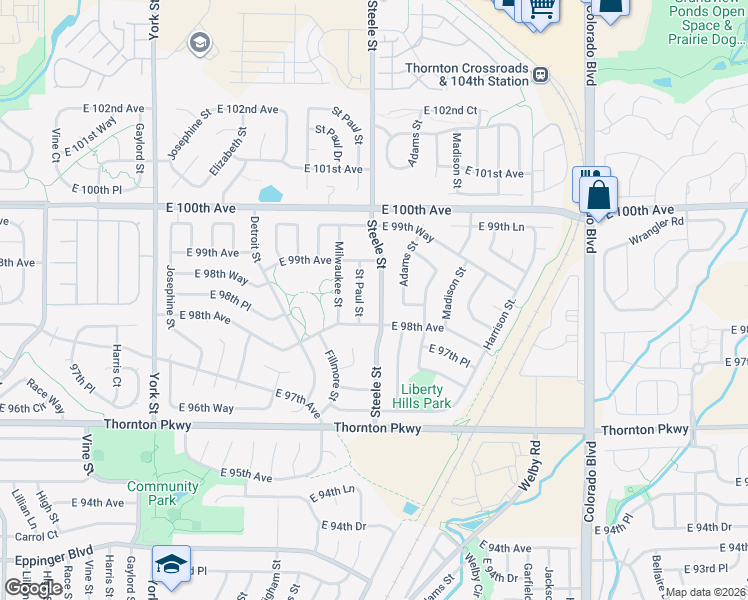 map of restaurants, bars, coffee shops, grocery stores, and more near 9820 Steele Street in Thornton