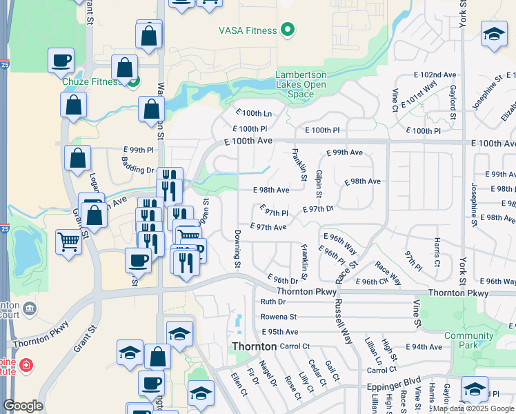map of restaurants, bars, coffee shops, grocery stores, and more near 1278 East 97th Place in Thornton