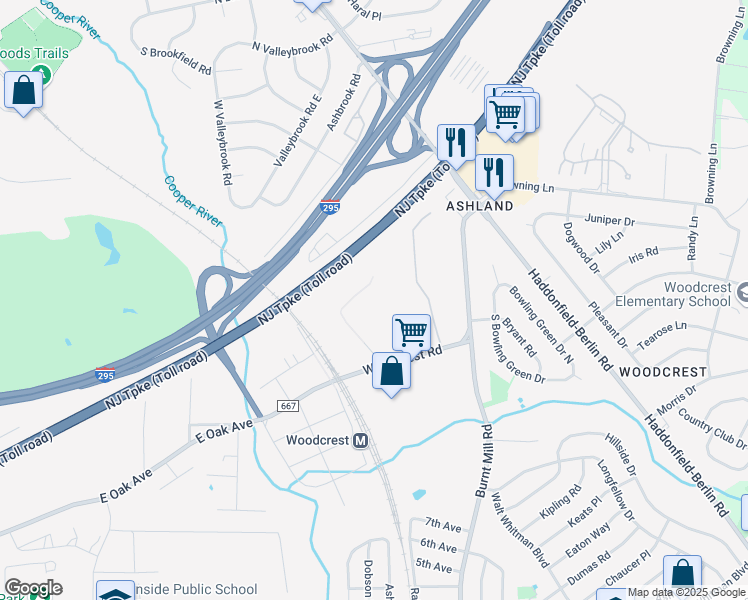 map of restaurants, bars, coffee shops, grocery stores, and more near 110 Woodcrest Road in Cherry Hill