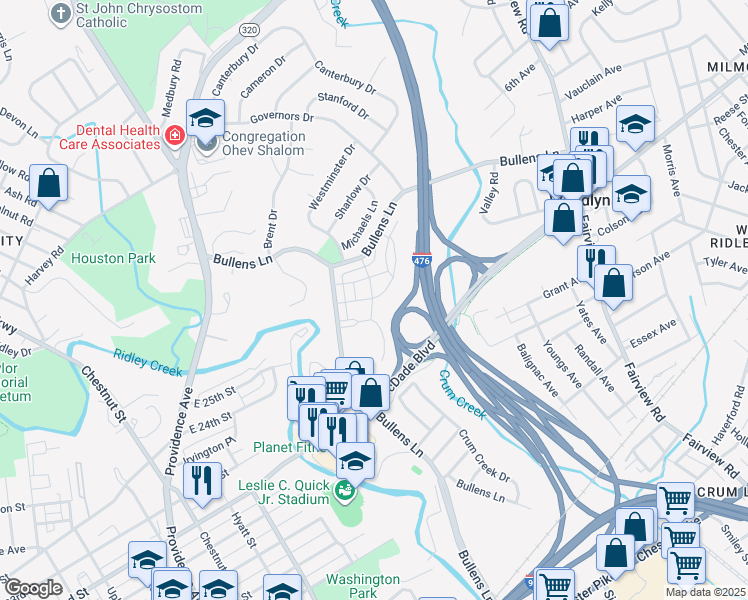 map of restaurants, bars, coffee shops, grocery stores, and more near 1804 Liberty Road in Woodlyn