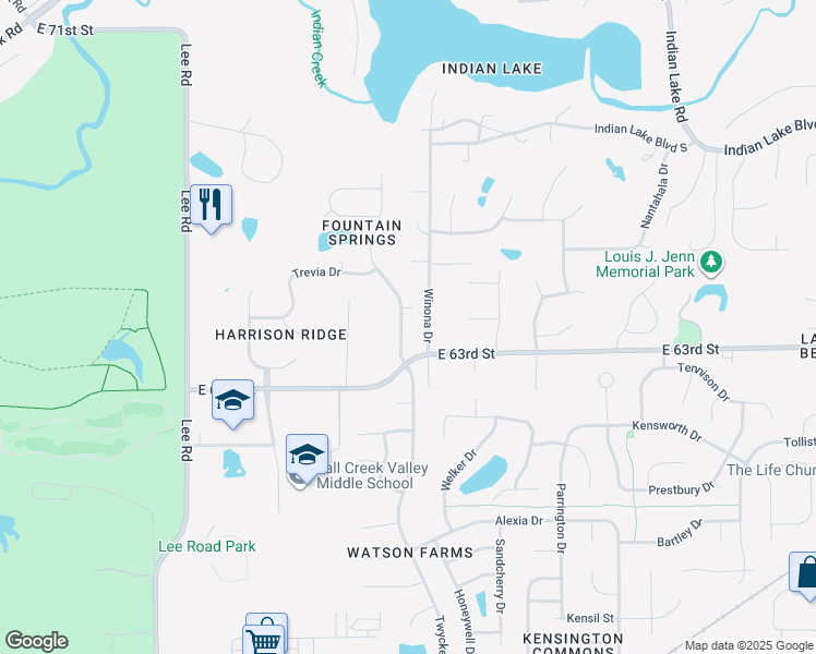 map of restaurants, bars, coffee shops, grocery stores, and more near 10050 East 63rd Street in Indianapolis