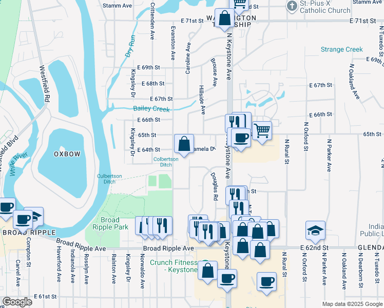 map of restaurants, bars, coffee shops, grocery stores, and more near 2113 Pamela Drive in Indianapolis
