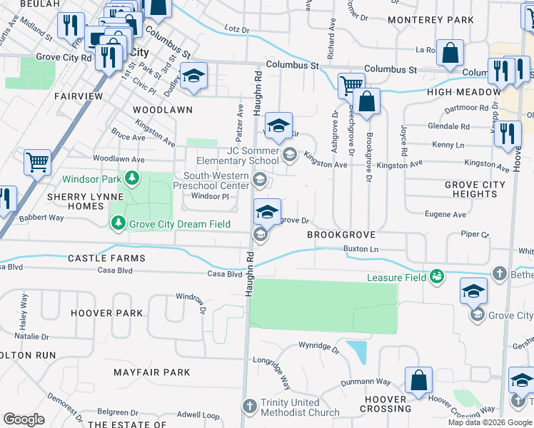 map of restaurants, bars, coffee shops, grocery stores, and more near 3054 Woodgrove Drive in Grove City