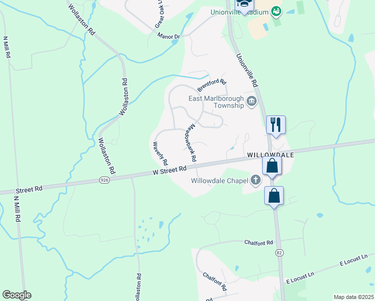 map of restaurants, bars, coffee shops, grocery stores, and more near 707 Meadowbank Road in Kennett Square