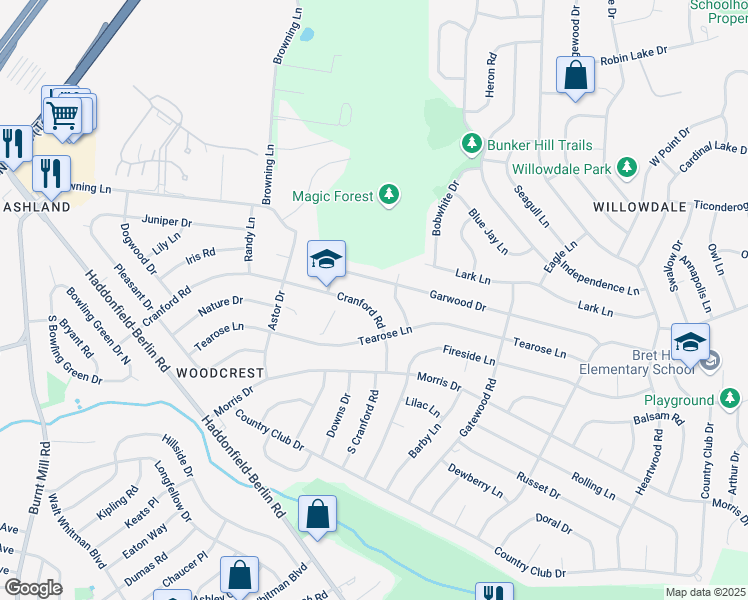 map of restaurants, bars, coffee shops, grocery stores, and more near 407 Cranford Road in Cherry Hill