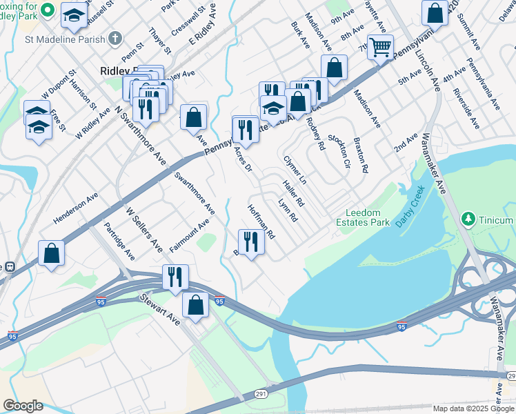 map of restaurants, bars, coffee shops, grocery stores, and more near 206 Hoffman Road in Ridley Park