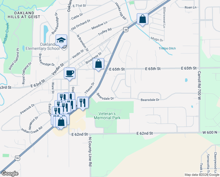 map of restaurants, bars, coffee shops, grocery stores, and more near 6328 Bearsdale Circle in Indianapolis