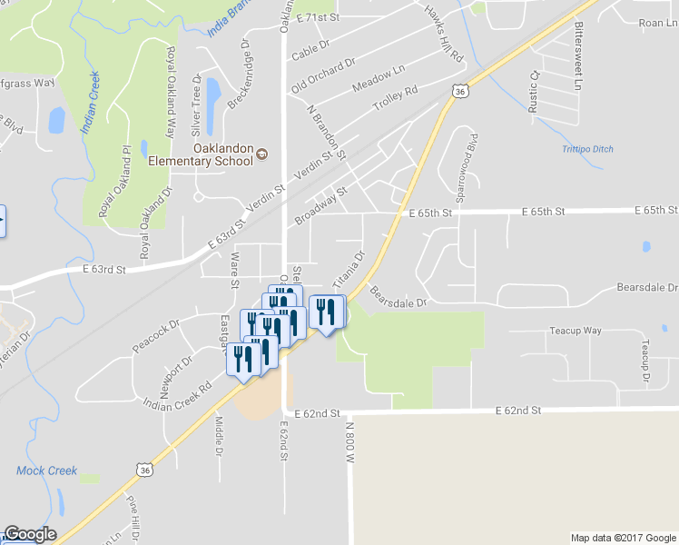 map of restaurants, bars, coffee shops, grocery stores, and more near 6414 Titania Drive in Indianapolis