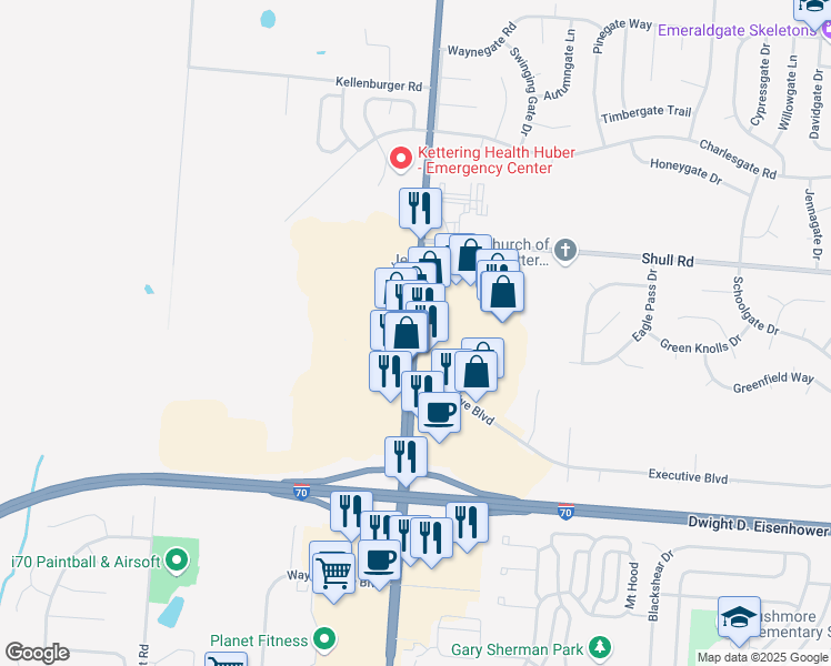 map of restaurants, bars, coffee shops, grocery stores, and more near 8250 Old Troy Pike in Huber Heights
