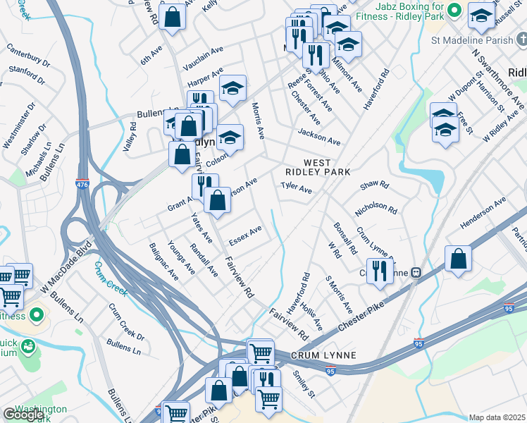 map of restaurants, bars, coffee shops, grocery stores, and more near 162 Taylor Avenue in Woodlyn