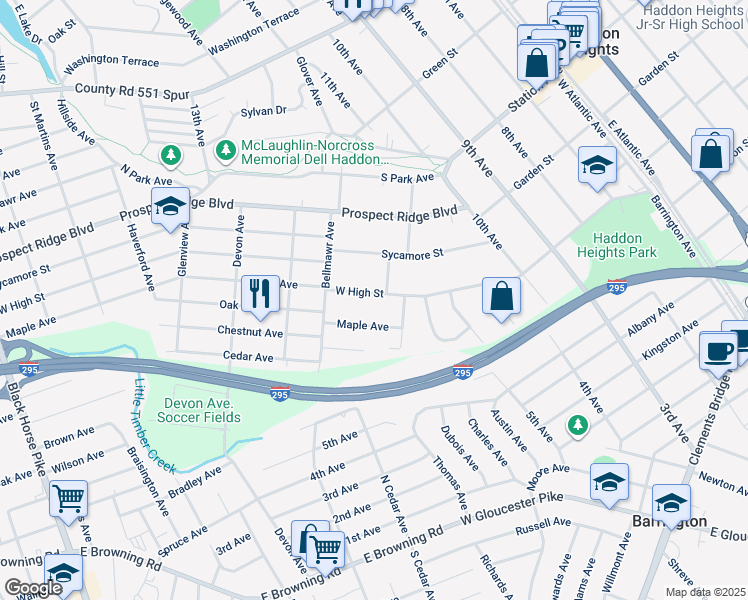 map of restaurants, bars, coffee shops, grocery stores, and more near 1320 West High Street in Haddon Heights