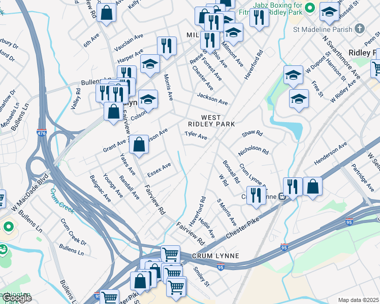 map of restaurants, bars, coffee shops, grocery stores, and more near 114 Morris Avenue in Woodlyn