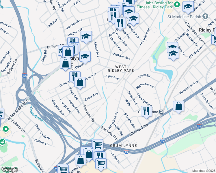 map of restaurants, bars, coffee shops, grocery stores, and more near 114 Morris Avenue in Woodlyn