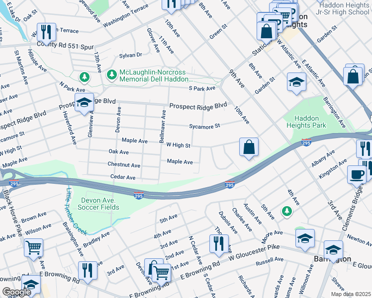 map of restaurants, bars, coffee shops, grocery stores, and more near 1320 West High Street in Haddon Heights