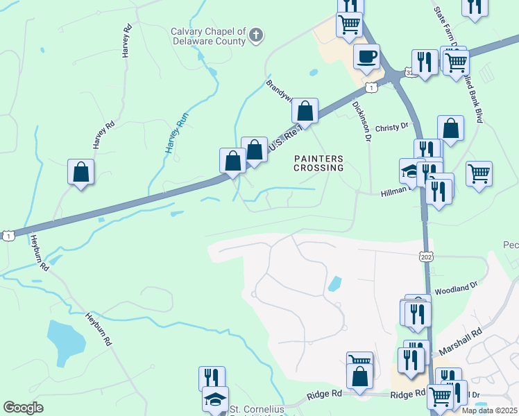 map of restaurants, bars, coffee shops, grocery stores, and more near 401 Painters Crossing in Chadds Ford