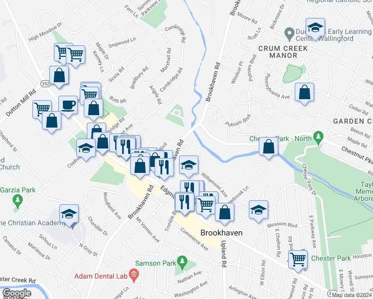 map of restaurants, bars, coffee shops, grocery stores, and more near 124 Creekside Drive in Brookhaven