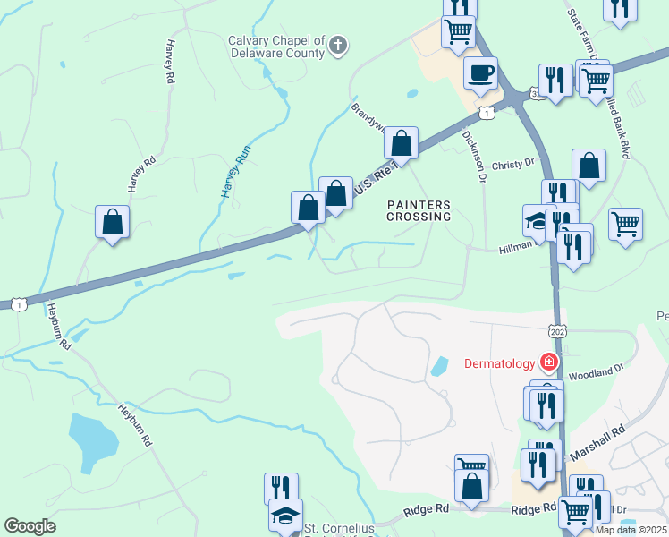 map of restaurants, bars, coffee shops, grocery stores, and more near 312 Painters Crossing in Chadds Ford