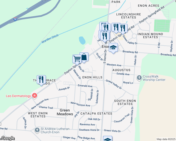map of restaurants, bars, coffee shops, grocery stores, and more near 6632 Rita Drive in Enon
