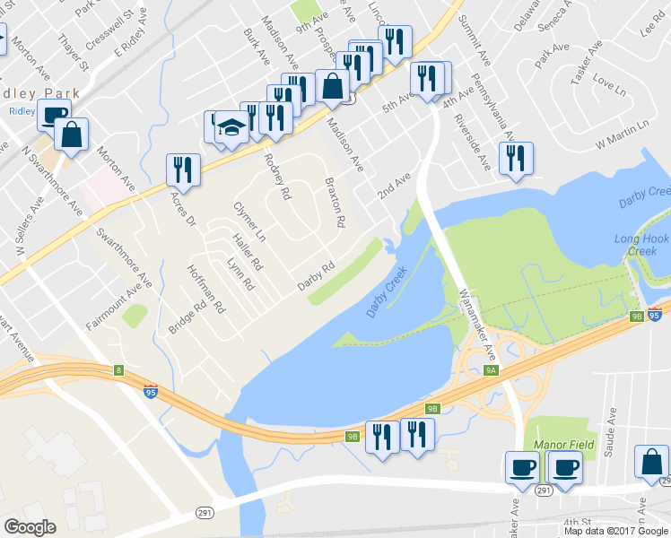map of restaurants, bars, coffee shops, grocery stores, and more near 637 Darby Road in Ridley Park