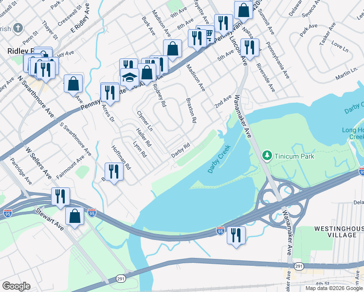 map of restaurants, bars, coffee shops, grocery stores, and more near 621 Darby Road in Ridley Park