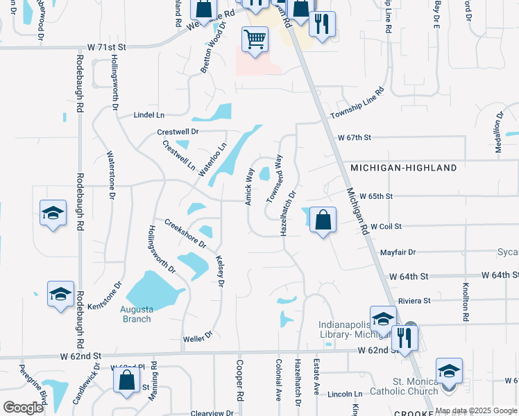map of restaurants, bars, coffee shops, grocery stores, and more near 6478 Townsend Way in Indianapolis